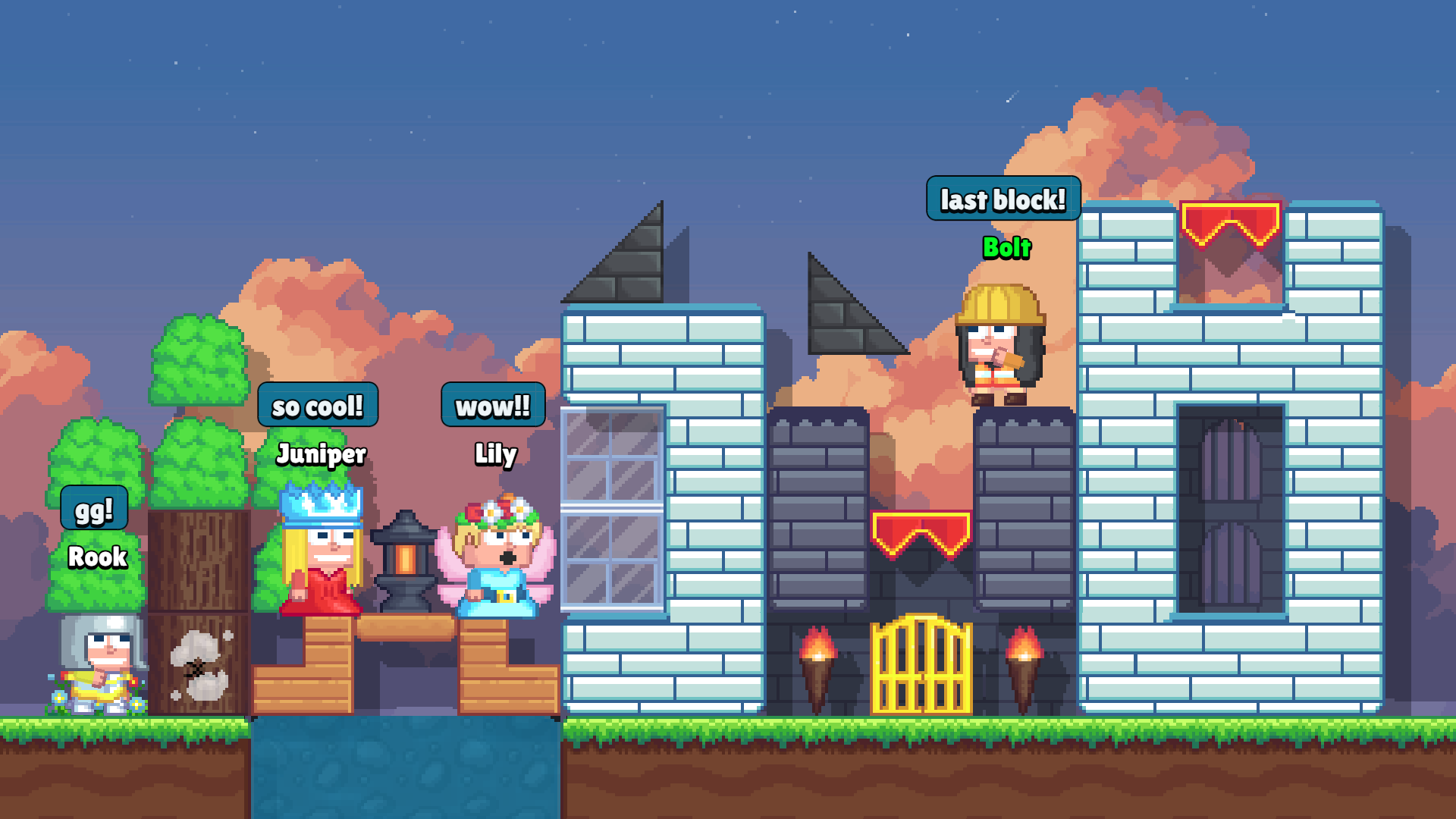Players build a white stone castle next to a pond at sunset