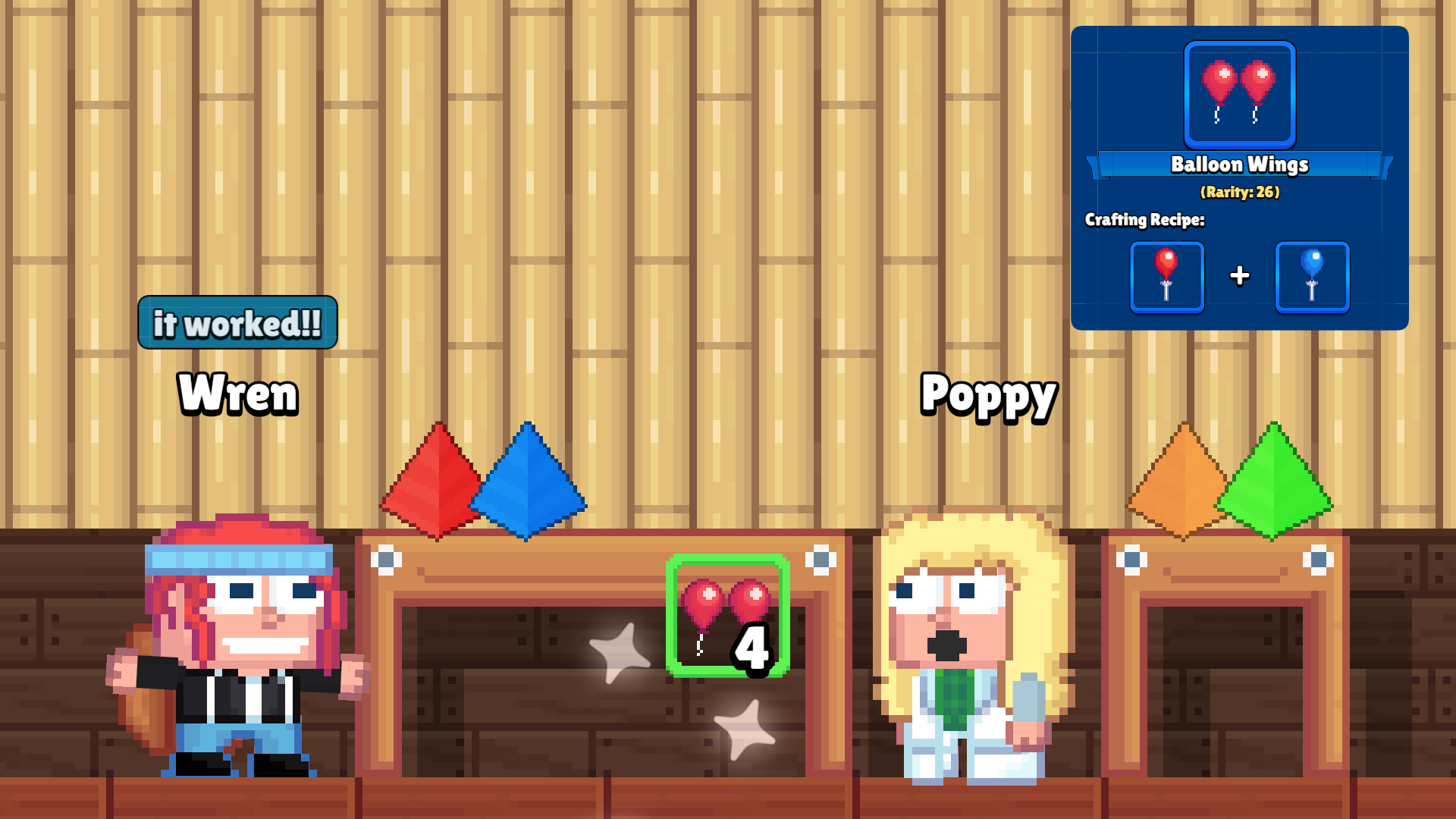 A player crafts Balloon Wings from a red and a blue balloon