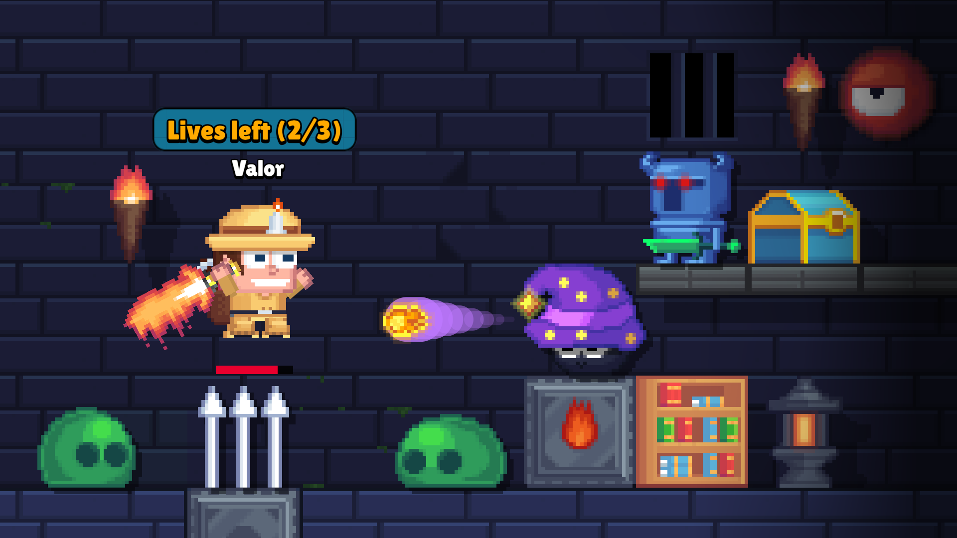 An explorer fights slimes and a wizard mob in a dark dungeon
