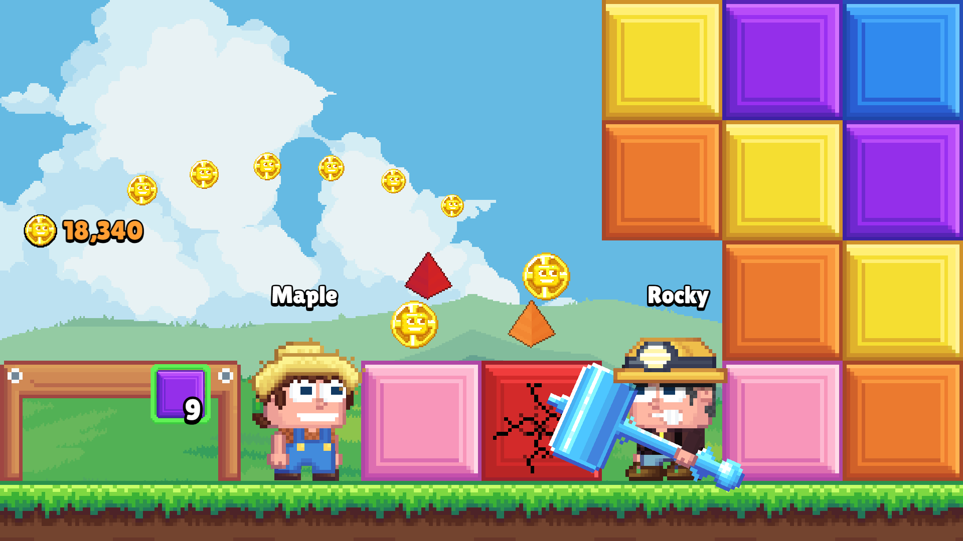 A miner breaks a red block with a big hammer and coins fly out