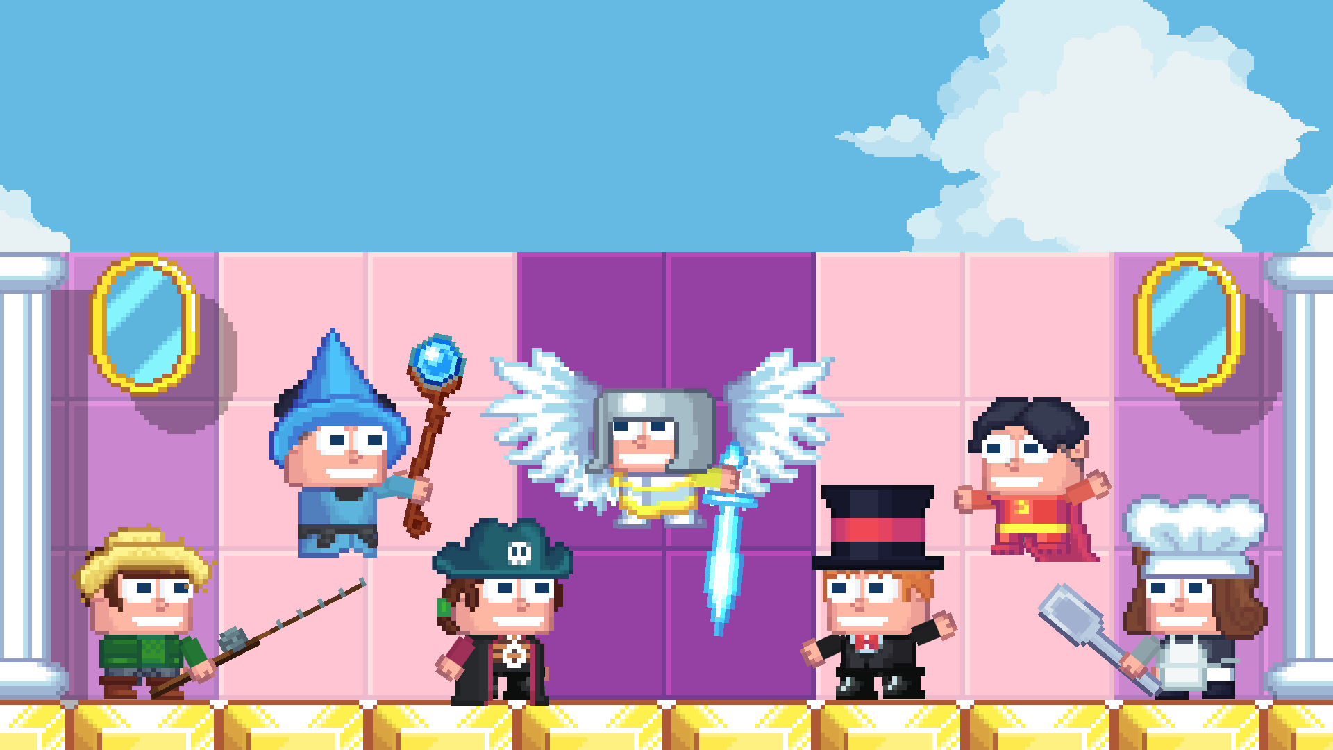 Seven players in wizard, angel, pirate, top hat and chef outfits