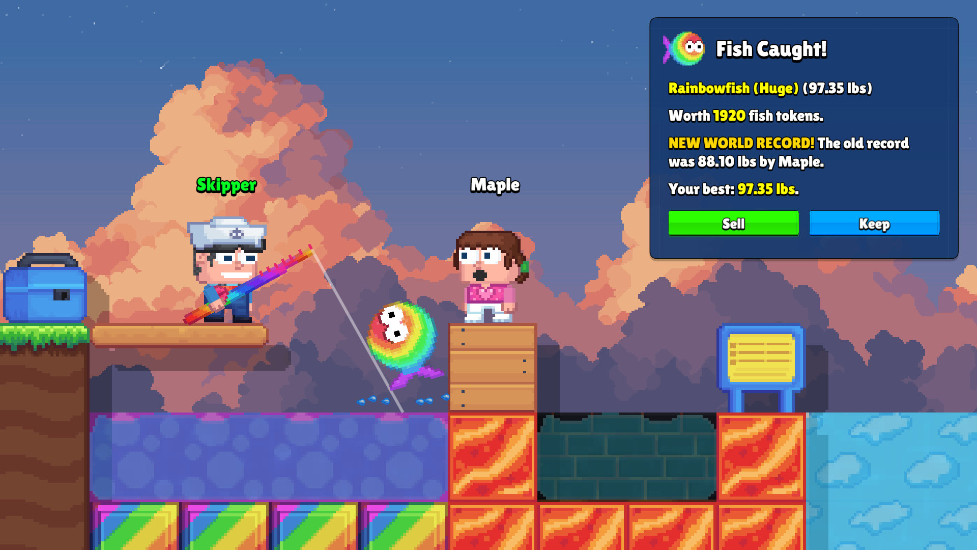 A sailor reels in a huge rainbow fish over lava and rainbow water