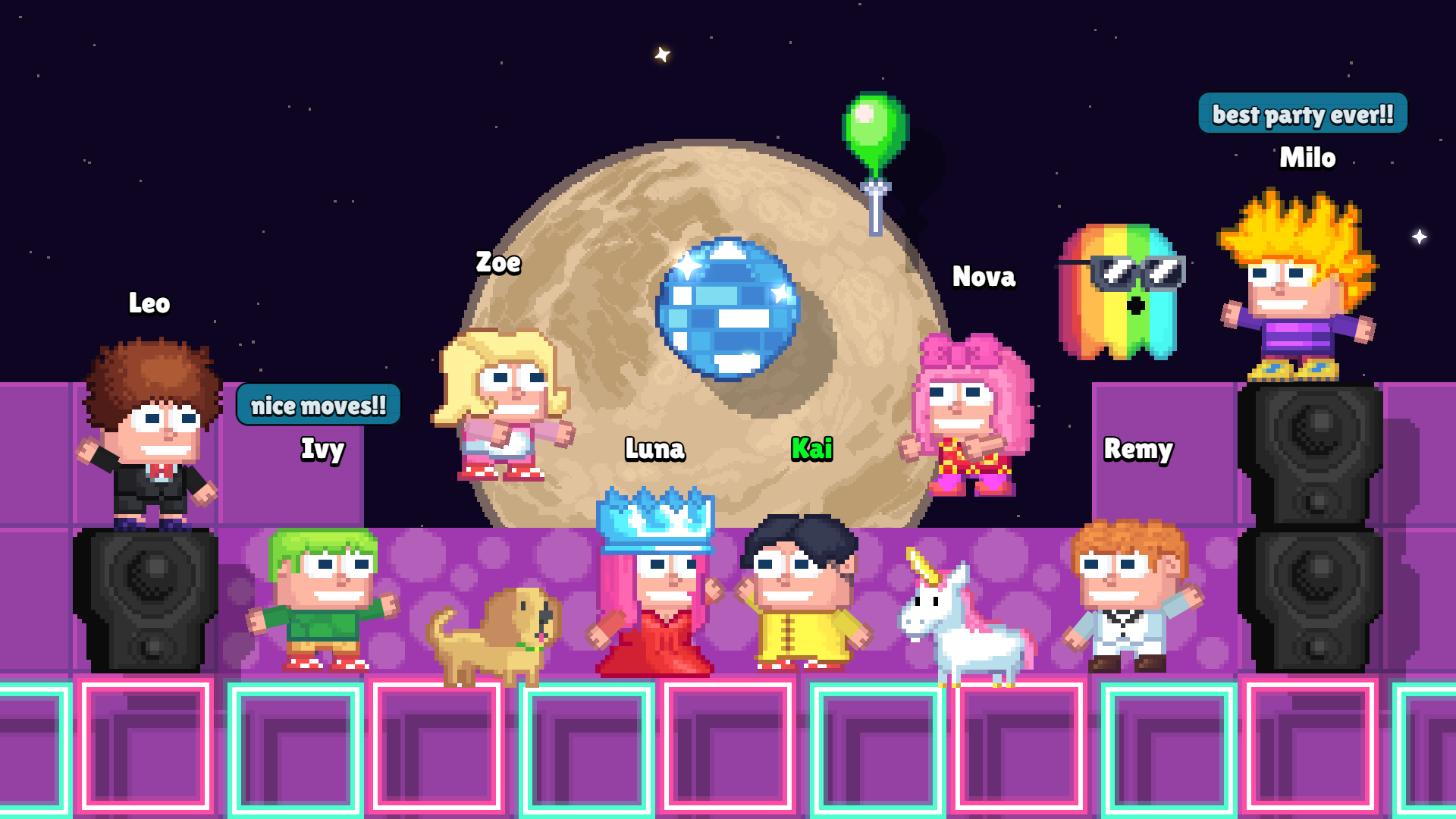 Players dance under a disco ball in front of a big moon