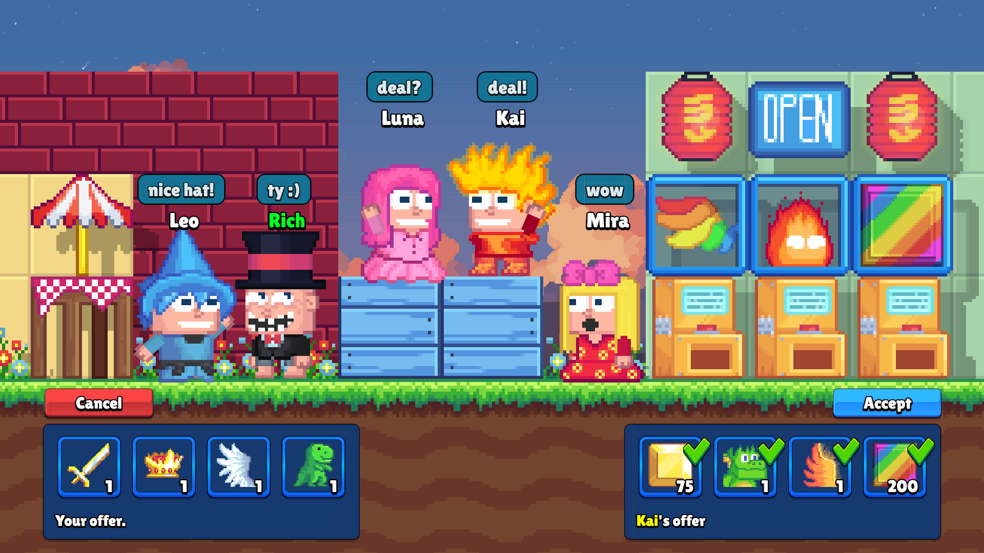 Two players accept a trade in front of a shop